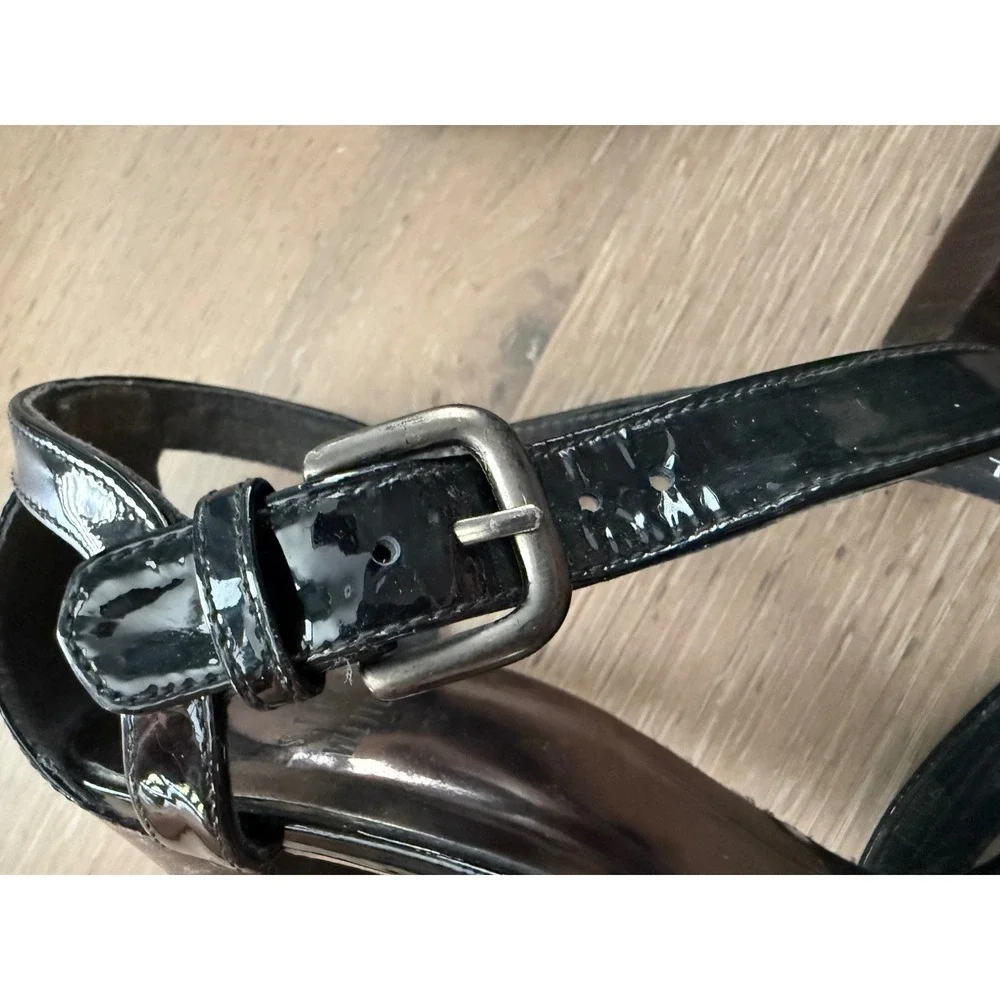 Stuart Weitzman Black Patent Leather Heels Sandals Peep‎ Toe Ankle Strap 7